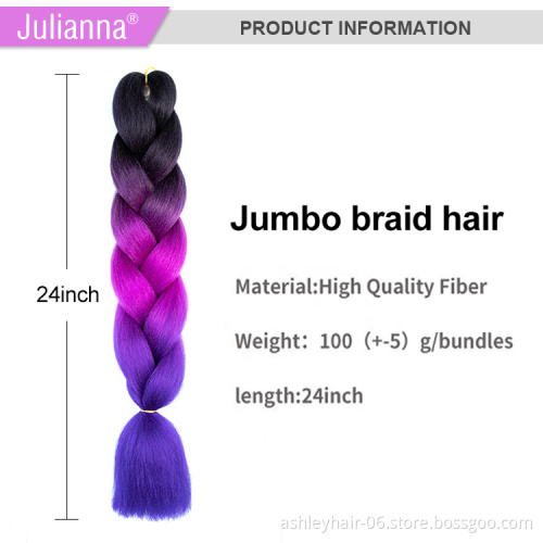 Julianna 24 Inch Wholesale Bulk 3 Tone Yaki Ultra Jumbo Hair Braid Ombre Color Fiber Synthetic Hair Braiding Hair